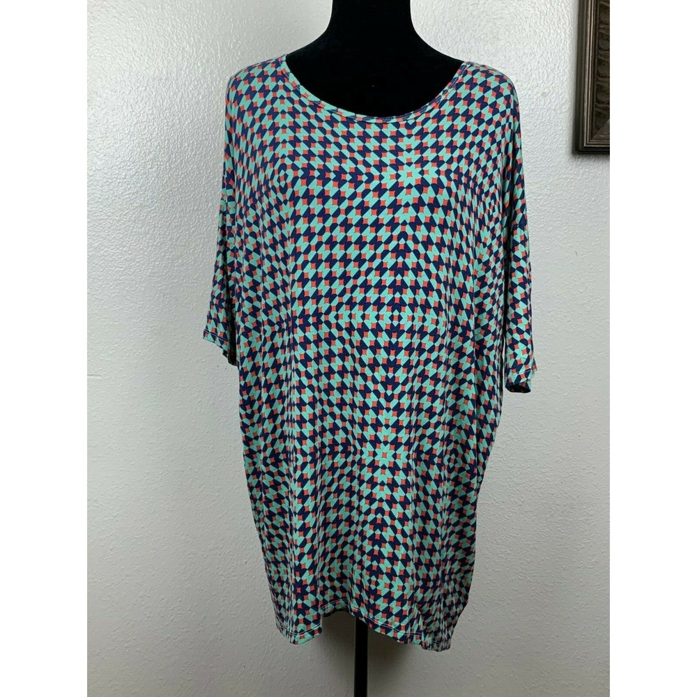 LuLaRoe Womens Top Irma Tunic Shirt Blue Mint Green Red Geometric Print Size S